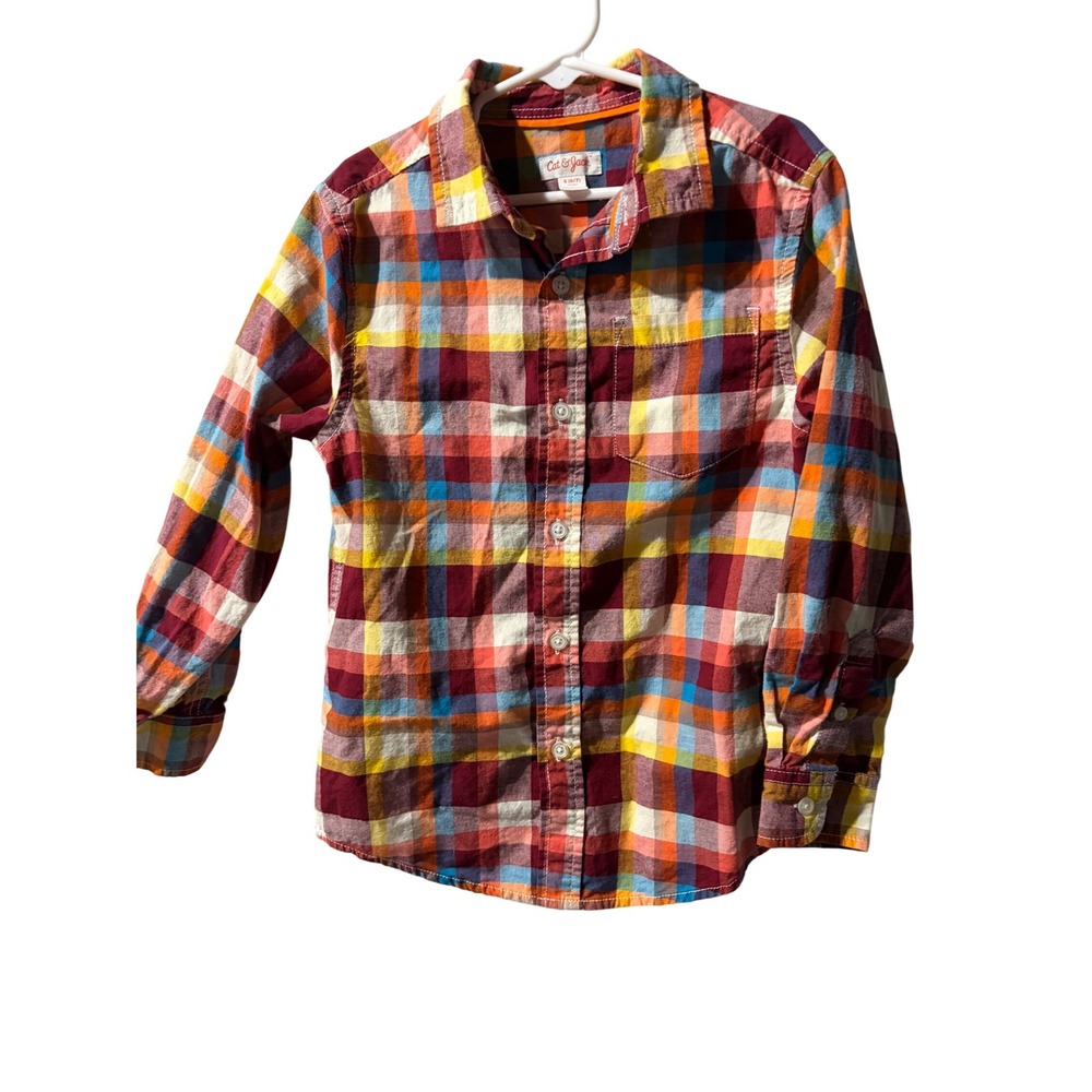 Cat‎ & Jack Kids Boys Plaid Long Sleeve Button Up Shirt Size 6/7 Red Blue Yellow